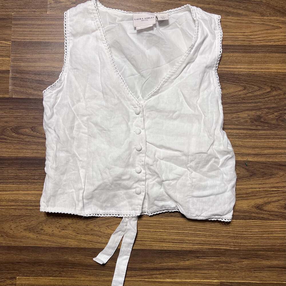 Laura Ashley 100% Linen Cute Button Up Blouse Top Crisp White Linen Shirt